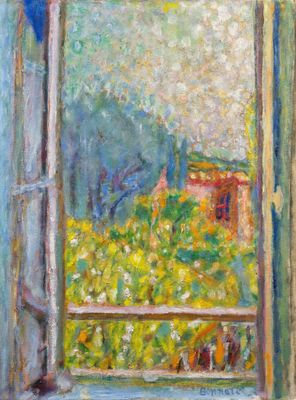 une peinture à l'huile représentant une fenêtre ouverte donnant sur un champ