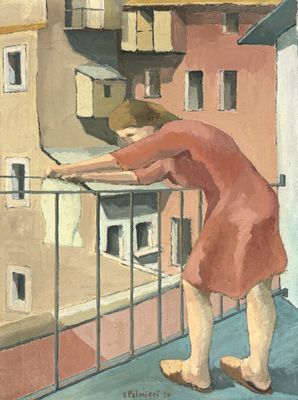 a painting of a woman on a balcony looking at buildings