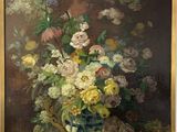 painting of flowers in a blue and white vase on a table