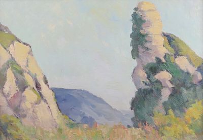 une peinture représentant une formation rocheuse au milieu d'un champ