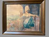 painting of a woman sitting on a balcony with a view of the countryside