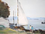a painting of a sailboat on the water near a shore