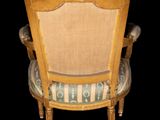 an image of a chair with a blue and white upholstered seat