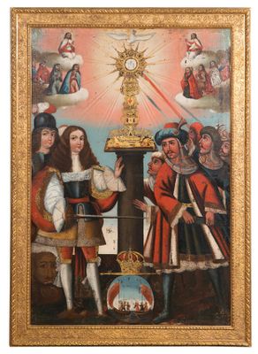 an image of a painting of a group of people standing around a clock
