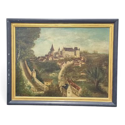 an oil painting of a castle on a hill with a river in the foreground