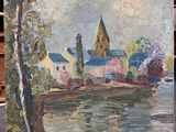 une peinture représentant un bateau sur l'eau, devant un bâtiment