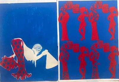two blue and red paintings with red figures on them