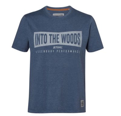 a blue t - shirt with the words into the woods on it