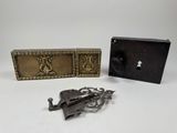 lot of two antique brass plated revolvers and a wooden box