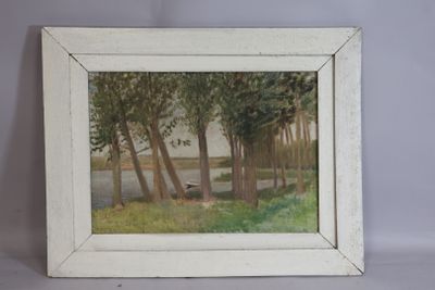 a picture of a painting of a bench in the woods