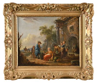a painting of a group of people in a landscape with a dog