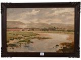 une peinture à l'huile représentant un paysage avec une rivière au premier plan