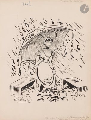 drawing of a woman holding an umbrella in the rain