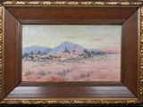 une peinture à l'huile représentant un paysage désertique avec une montagne en arrière-plan