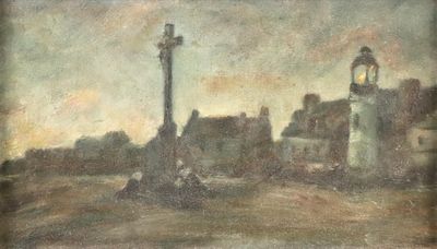 un tableau représentant un lampadaire au milieu d'un champ
