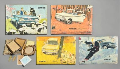 four postcards with pictures of a car, sheep, and a man in a car