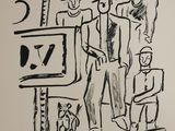 a black and white drawing of a man and a dog