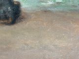 painting of a dog sitting on a sandy beach with the ocean in the background