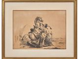 a drawing of a man riding a horse next to a woman on a horse