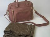 pink leather handbag with matching wallet and scarf