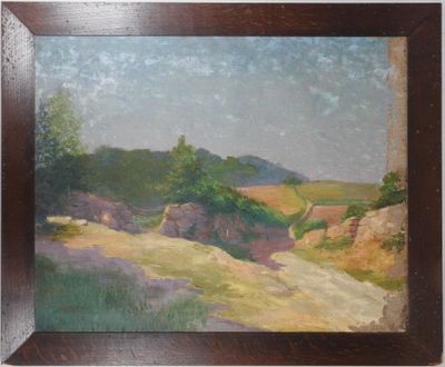 une peinture à l'huile représentant un paysage avec un chemin de terre au premier plan