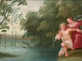 painting of a woman and child in a wooded landscape with a pond