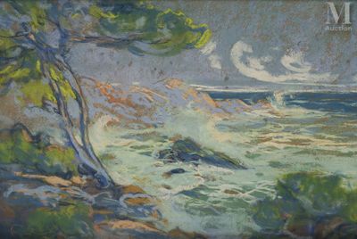 painting of a view of the ocean from a rocky shore