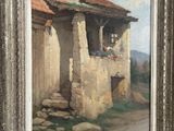 une peinture à l'huile représentant une maison avec un mur en pierre et un toit rouge