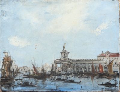 painting of a view of a city with boats in the water