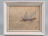painting of a sailboat in a body of water with people on it