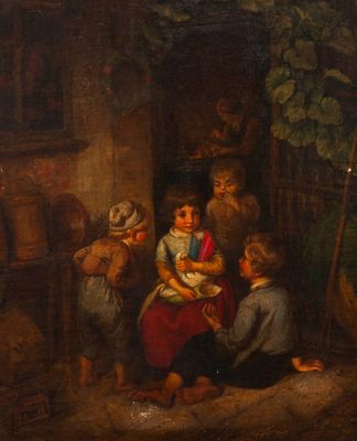 un tableau représentant un groupe d'enfants jouant devant une maison