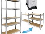 two pictures of a metal shelving with shelves and a carton