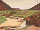 une peinture à l'huile représentant une rivière qui traverse une vallée verdoyante