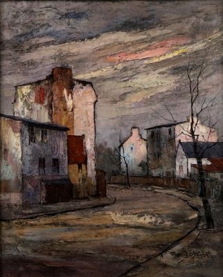 une image représentant un tableau où l'on voit une rue avec des bâtiments et une personne qui marche dans la rue