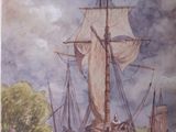 une peinture représentant un bateau dans l'eau avec d'autres bateaux dans l'eau