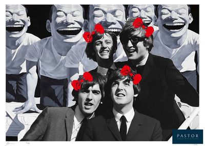 black and white photograph of a group of people with red bows on their heads