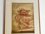 painting of a dragon in a gold frame on a white wall