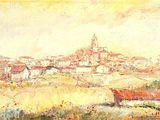 painting of a painting of a village with a river and a bridge