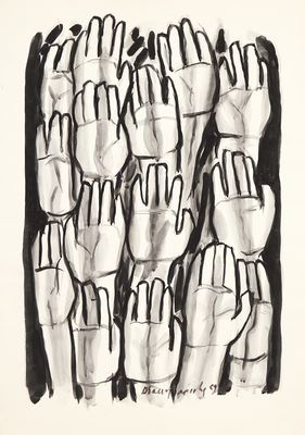 black and white drawing of a group of hands holding up their fingers