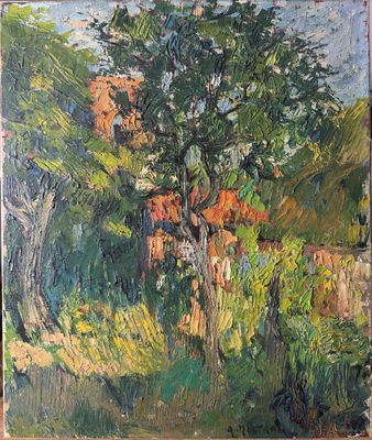 an oil painting of a tree in a field with a building in the background