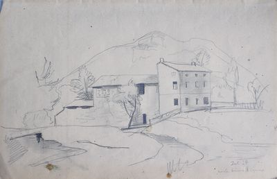 dessin représentant une maison sur une colline, avec une rivière au premier plan