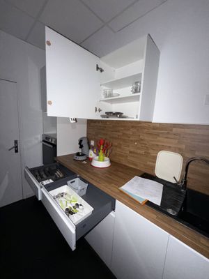 une petite cuisine équipée d'un évier et d'un plan de travail