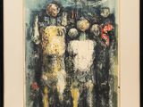an image of a painting of a group of people standing in front of a building