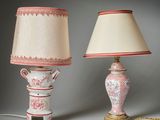 pair of pink and white table lamps with matching lampshads