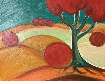 a painting of a tree with red apples on it
