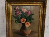 une peinture de roses dans un vase sur une table