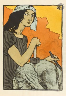 tableau représentant une femme assise devant un mouton, tenant un couteau