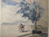 a drawing of a man sitting in a boat under a tree