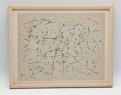 un dessin abstrait composé de lignes noires et blanches sur un fond beige