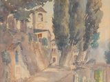 une image représentant un tableau d'une rue avec des arbres et un bâtiment